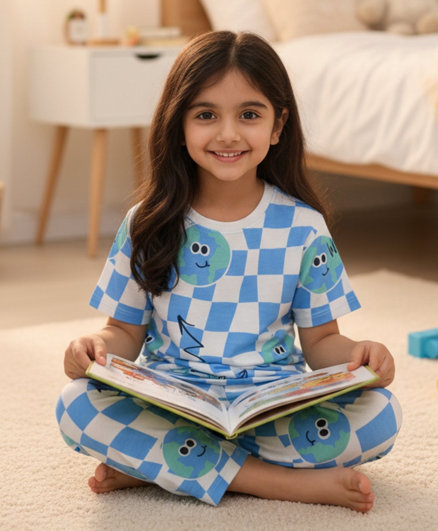 GLOBE CHECK GIRLS SHORT SLEEVE PYJAMA SET - WHITE