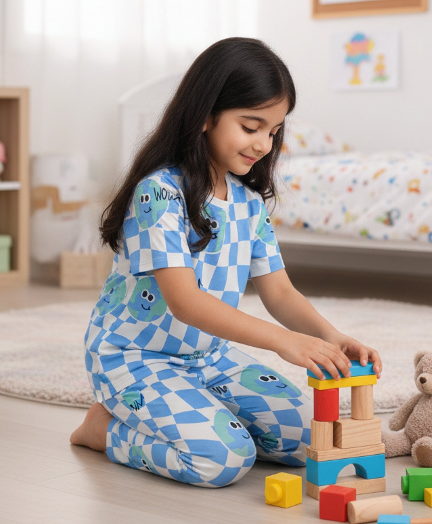 GLOBE CHECK GIRLS SHORT SLEEVE PYJAMA SET - WHITE