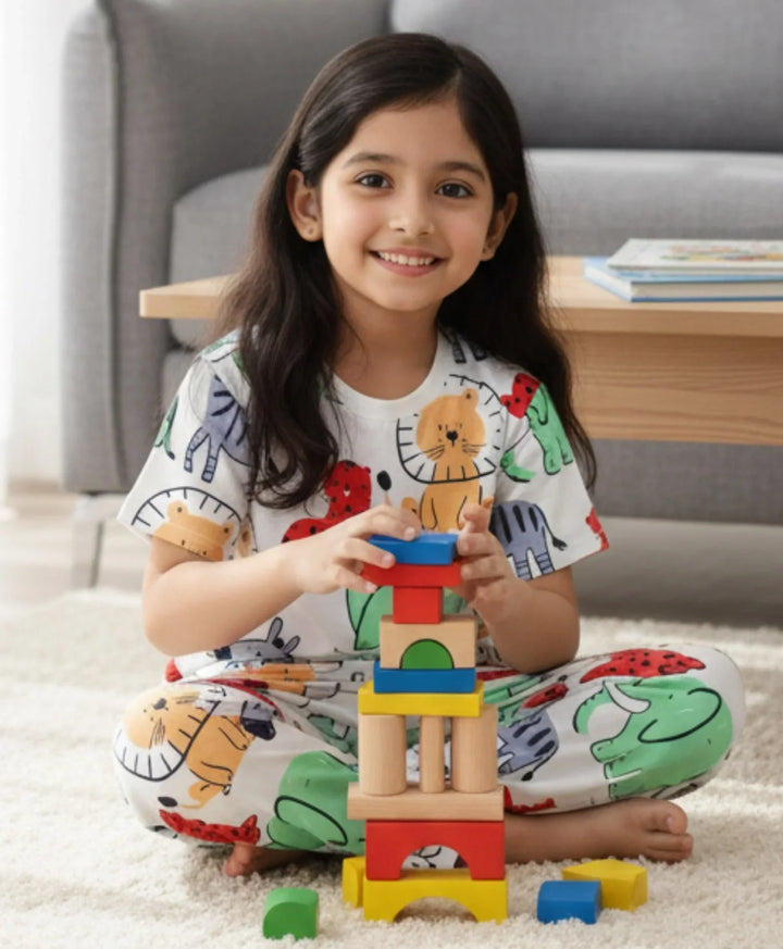Jungle Print Girls Short Sleeve Pyjama Set - White