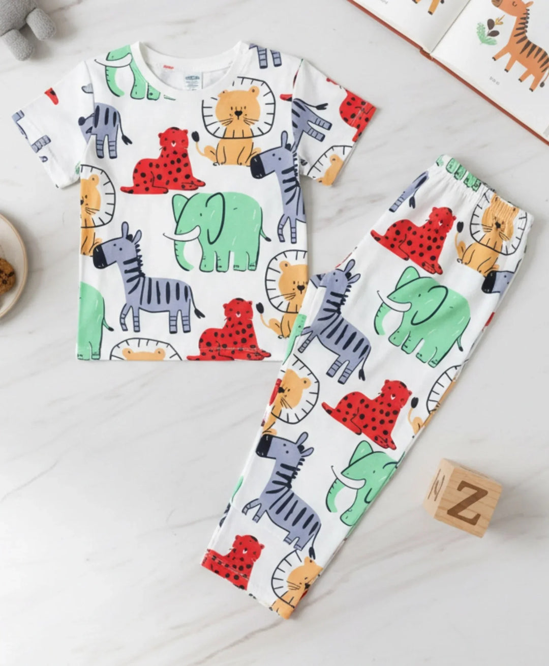 Jungle Print Girls Short Sleeve Pyjama Set - White