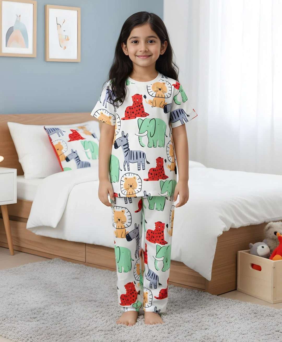 Jungle Print Girls Short Sleeve Pyjama Set - White