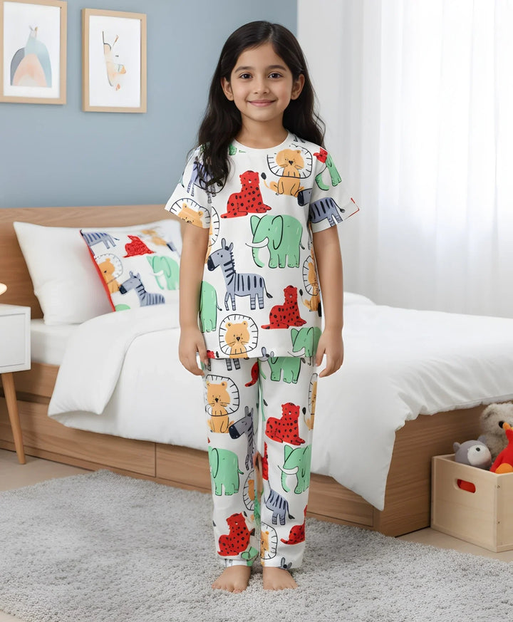 Jungle Print Girls Short Sleeve Pyjama Set - White