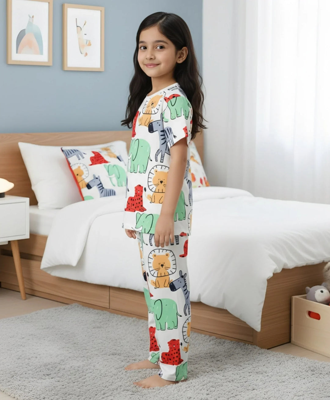 Jungle Print Girls Short Sleeve Pyjama Set - White