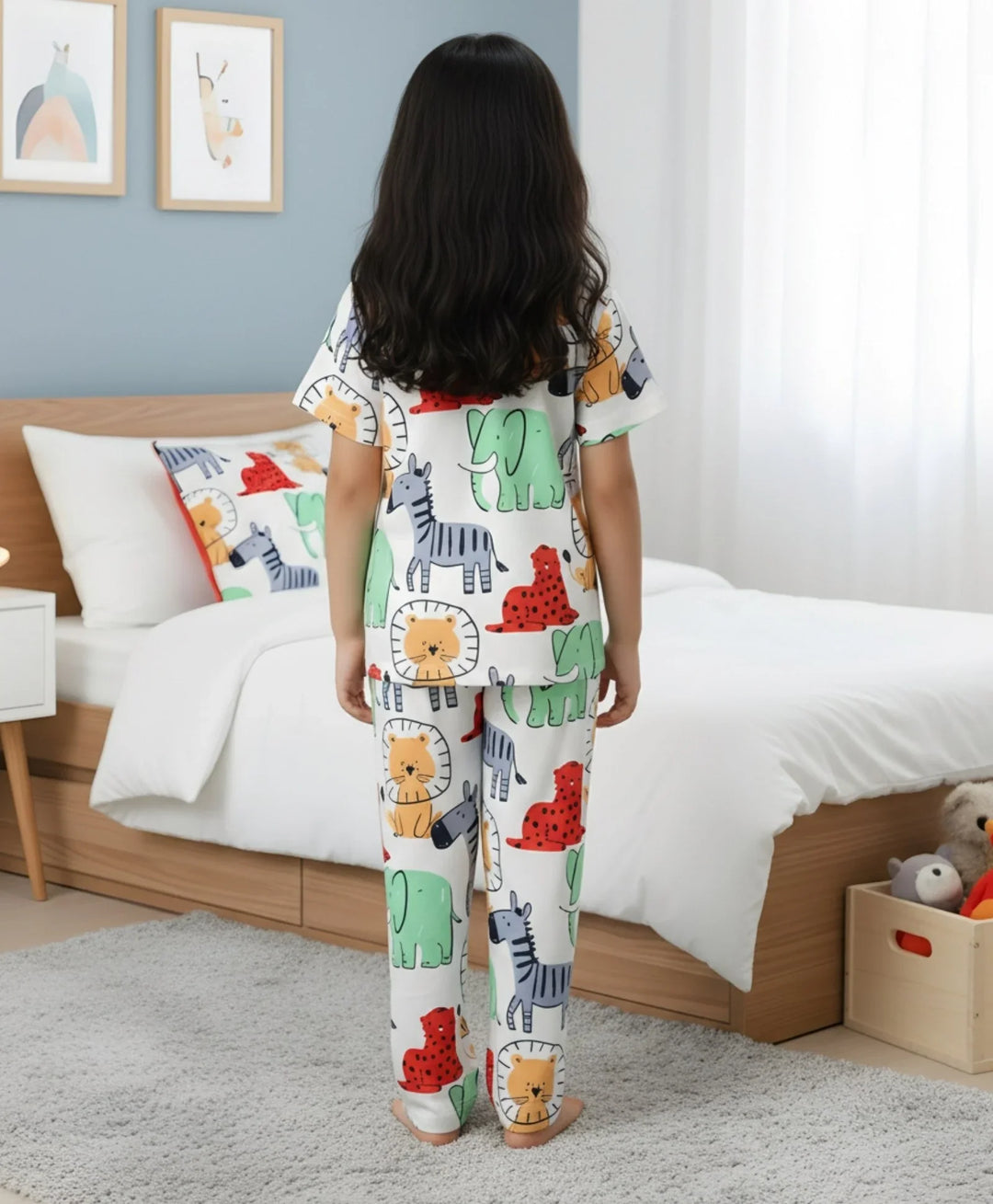 Jungle Print Girls Short Sleeve Pyjama Set - White
