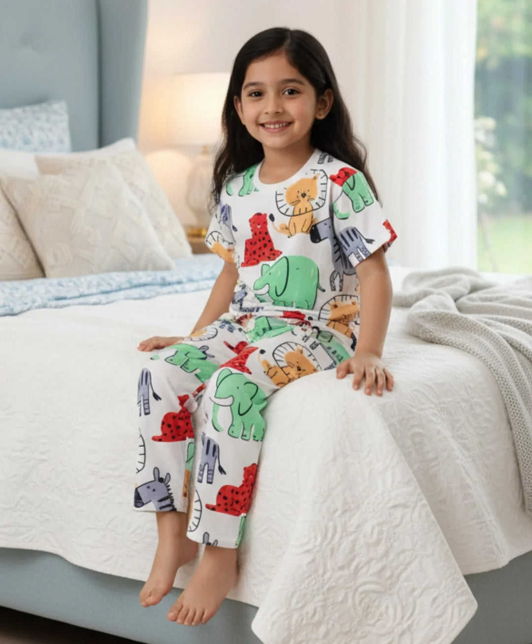 Jungle Print Girls Short Sleeve Pyjama Set - White