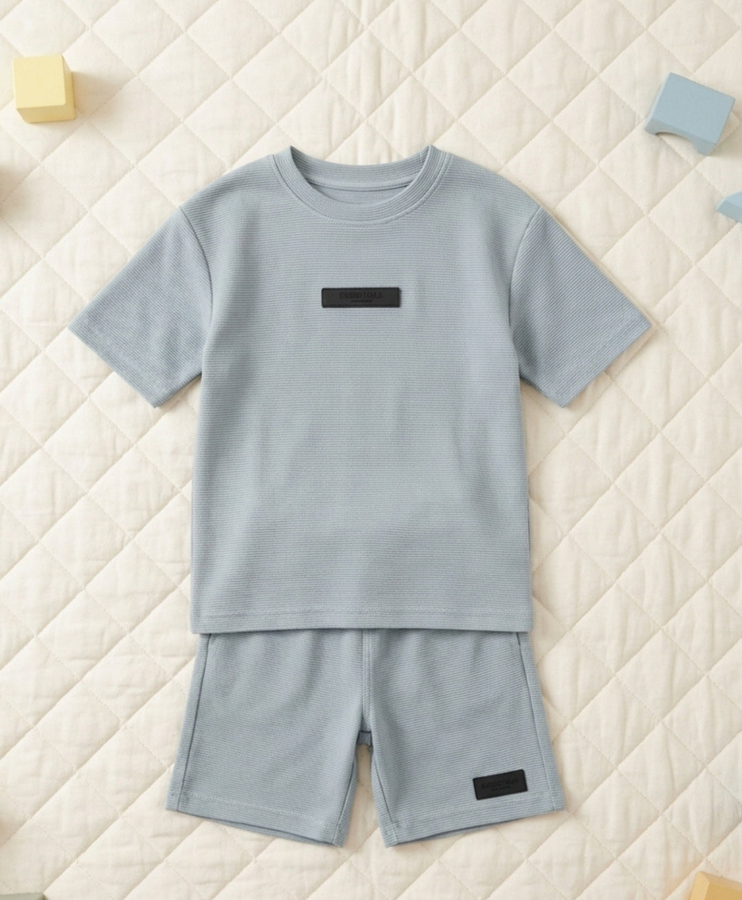 ESSENTIAL BLUE TEXTURED OVERSIZED T-SHIRT SHORTS SET - BLUE