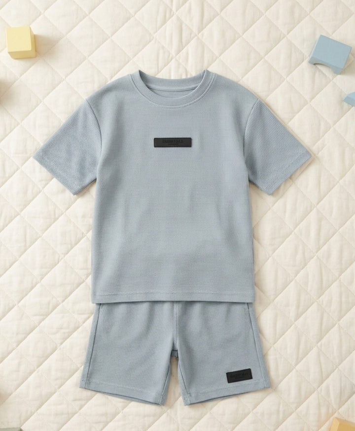 ESSENTIAL BLUE TEXTURED OVERSIZED T-SHIRT SHORTS SET - BLUE