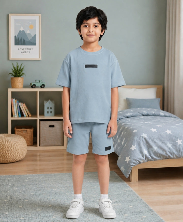 ESSENTIAL BLUE TEXTURED OVERSIZED T-SHIRT SHORTS SET - BLUE