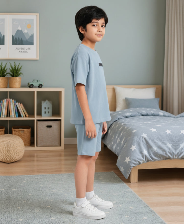 ESSENTIAL BLUE TEXTURED OVERSIZED T-SHIRT SHORTS SET - BLUE