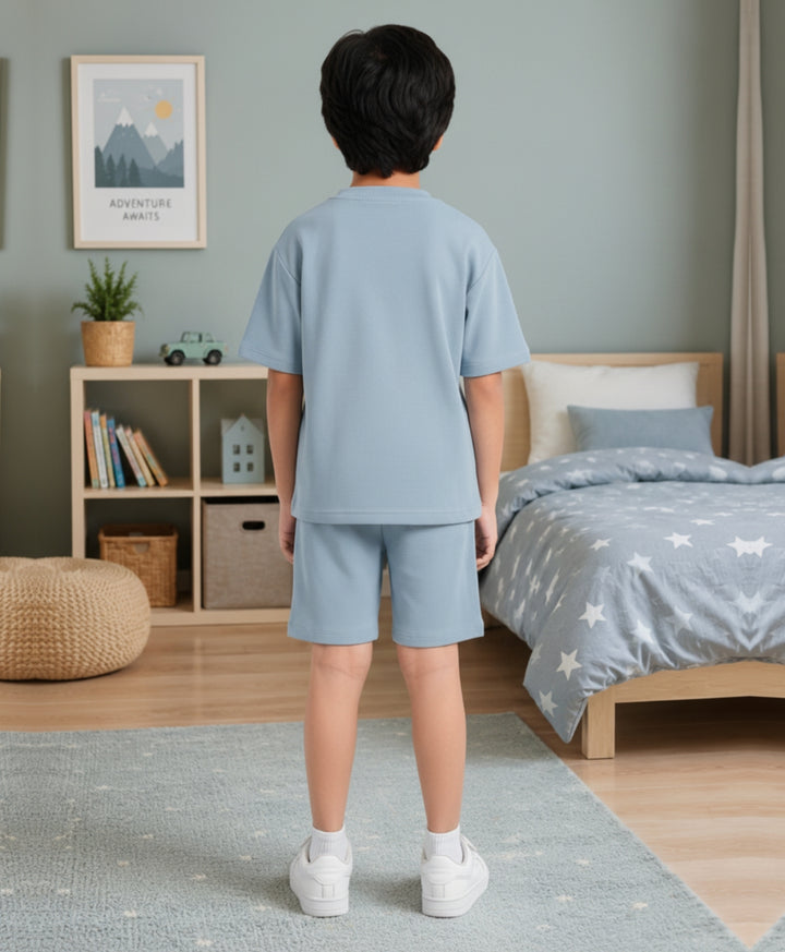 ESSENTIAL BLUE TEXTURED OVERSIZED T-SHIRT SHORTS SET - BLUE