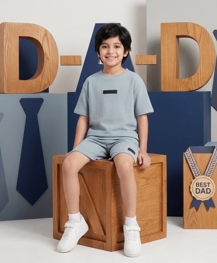 ESSENTIAL BLUE TEXTURED OVERSIZED T-SHIRT SHORTS SET - BLUE