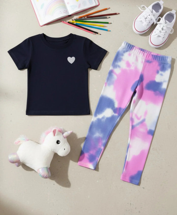 Black Heart Summer Pink Blue Tie Dye Legging Set - Black/Pink