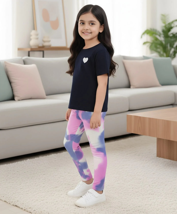 Black Heart Summer Pink Blue Tie Dye Legging Set - Black/Pink