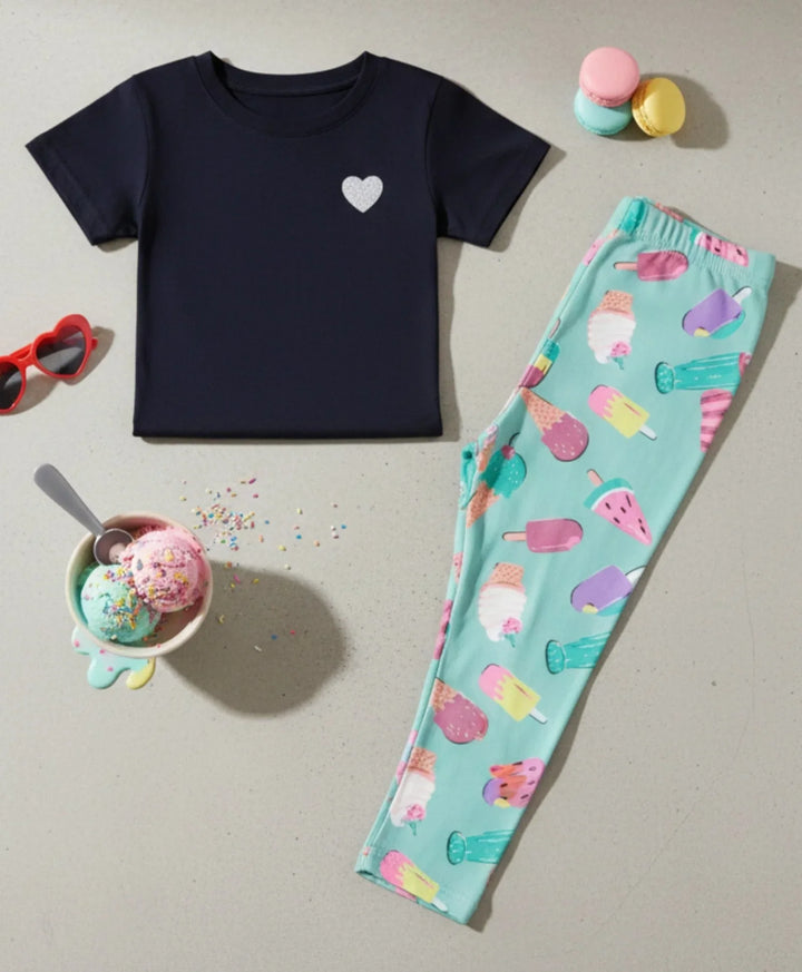Black Heart Summer Icecream Aqua Legging Set - Black/Aqua