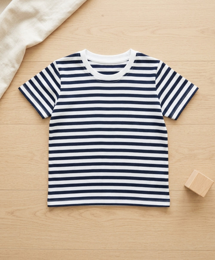 NAVY WHITE STRIPED BOYS SHORT SLEEVES T-SHIRT - NAVY/WHITE