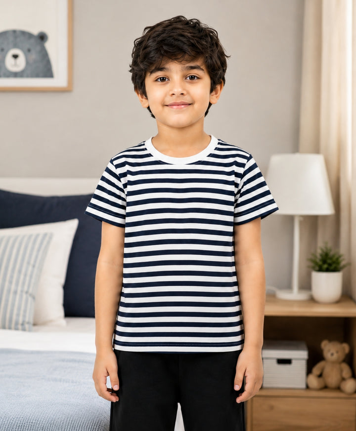 NAVY WHITE STRIPED BOYS SHORT SLEEVES T-SHIRT - NAVY/WHITE