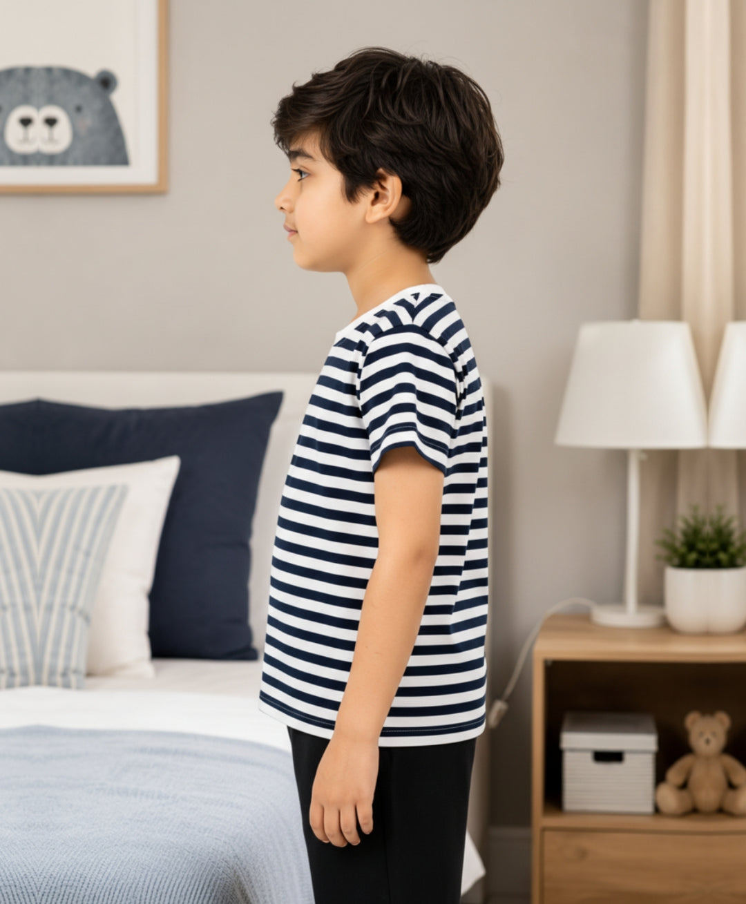 NAVY WHITE STRIPED BOYS SHORT SLEEVES T-SHIRT - NAVY/WHITE