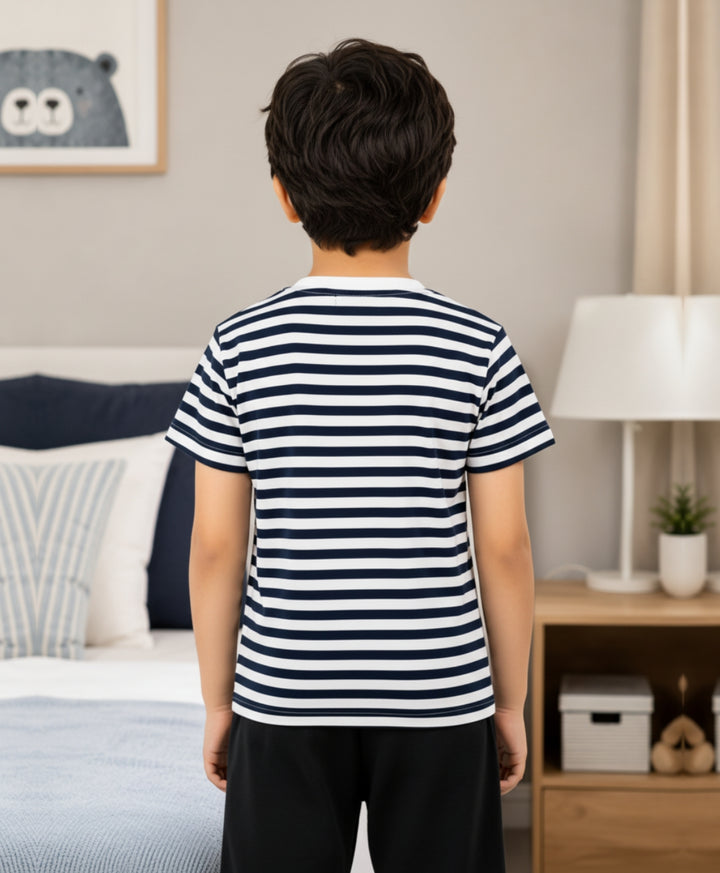 NAVY WHITE STRIPED BOYS SHORT SLEEVES T-SHIRT - NAVY/WHITE