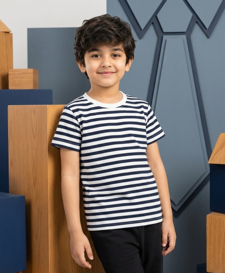 NAVY WHITE STRIPED BOYS SHORT SLEEVES T-SHIRT - NAVY/WHITE