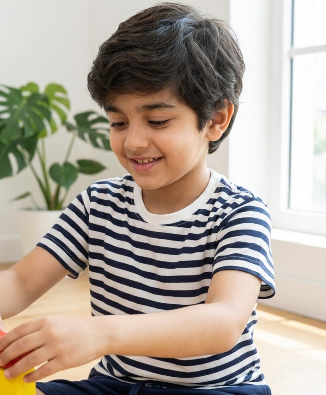 NAVY WHITE STRIPED BOYS SHORT SLEEVES T-SHIRT - NAVY/WHITE
