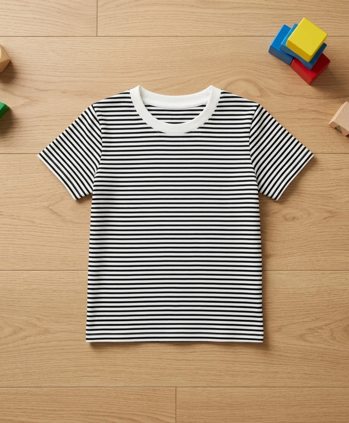 BLACK WHITE STRIPED BOYS SHORT SLEEVES T-SHIRT - BLACK/WHITE