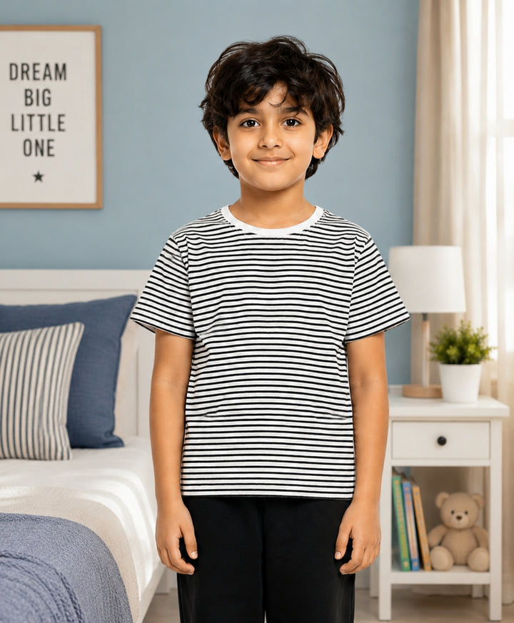 BLACK WHITE STRIPED BOYS SHORT SLEEVES T-SHIRT - BLACK/WHITE