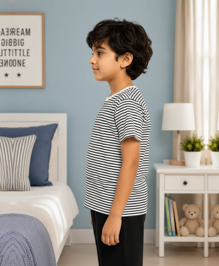 BLACK WHITE STRIPED BOYS SHORT SLEEVES T-SHIRT - BLACK/WHITE
