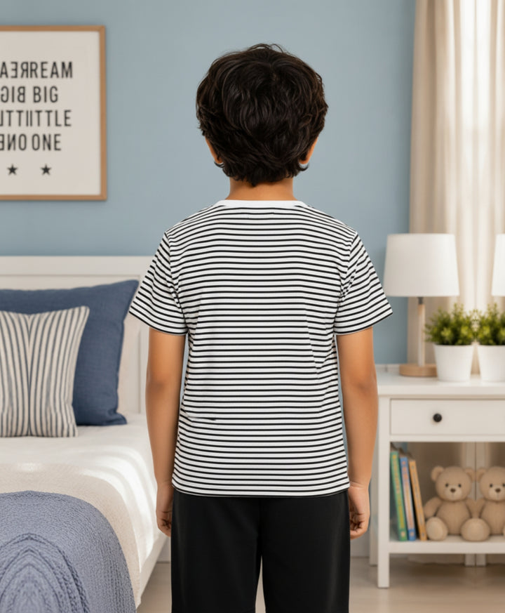 BLACK WHITE STRIPED BOYS SHORT SLEEVES T-SHIRT - BLACK/WHITE