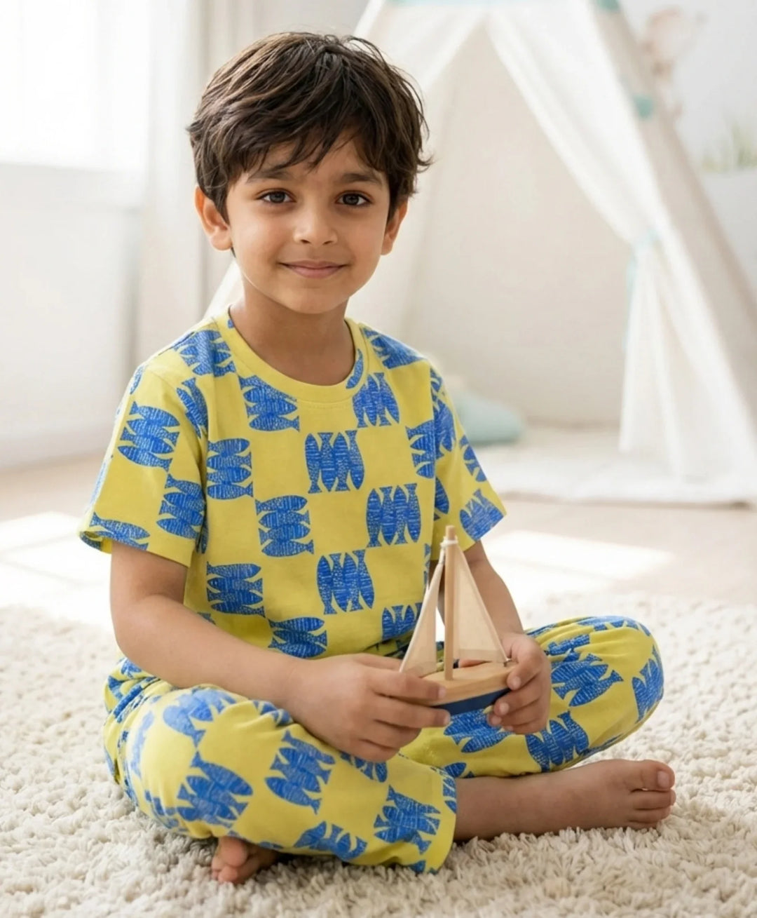 Fish Yellow Short Sleeve Pyjama Set - Yellow