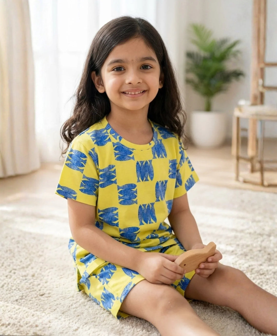 Fish Yellow Girls Sleepwear Short Set - Yellow