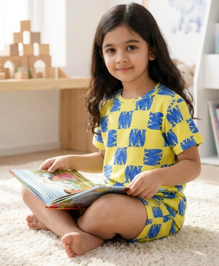 Fish Yellow Girls Sleepwear Short Set - Yellow