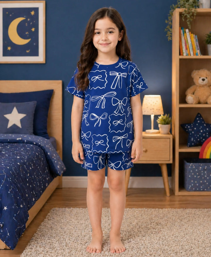 Blue Bow Girls Sleepwear Short Set - Blue