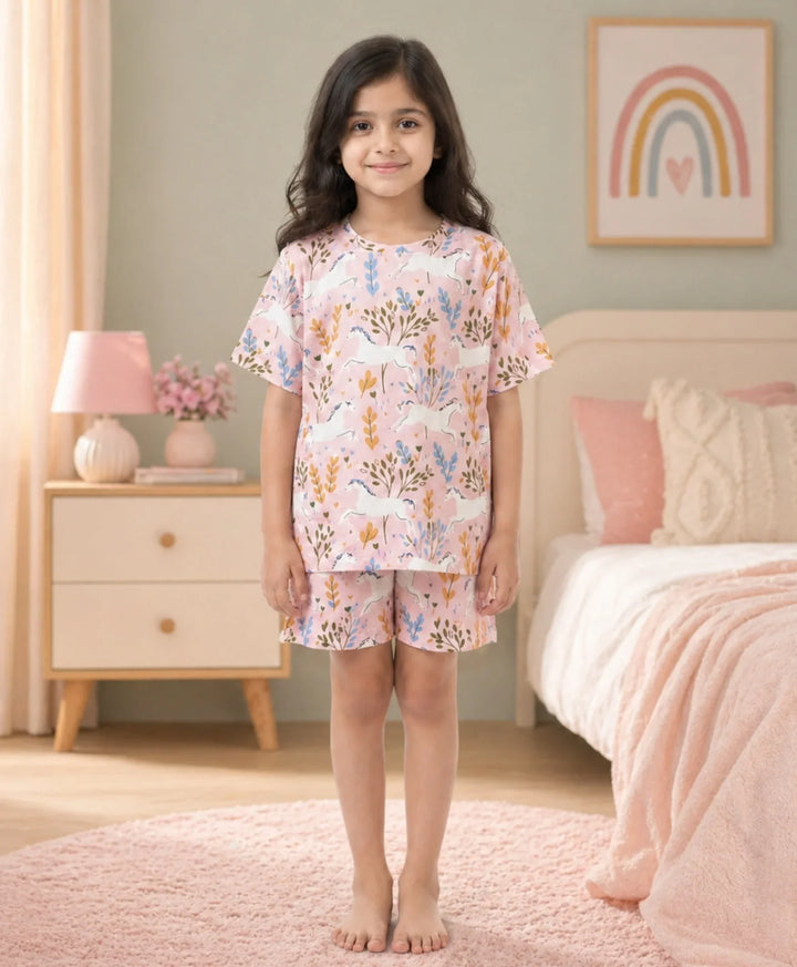 Unicorn Garden Girls Sleepwear Short Set - Pink