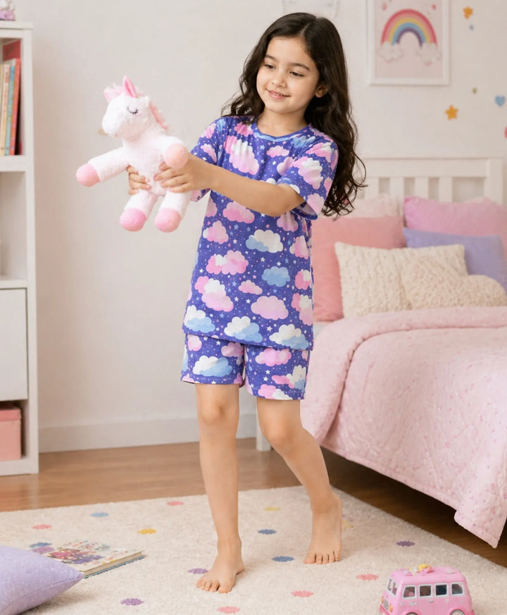 Purple Clouds Girls Sleepwear Short Set - Purple