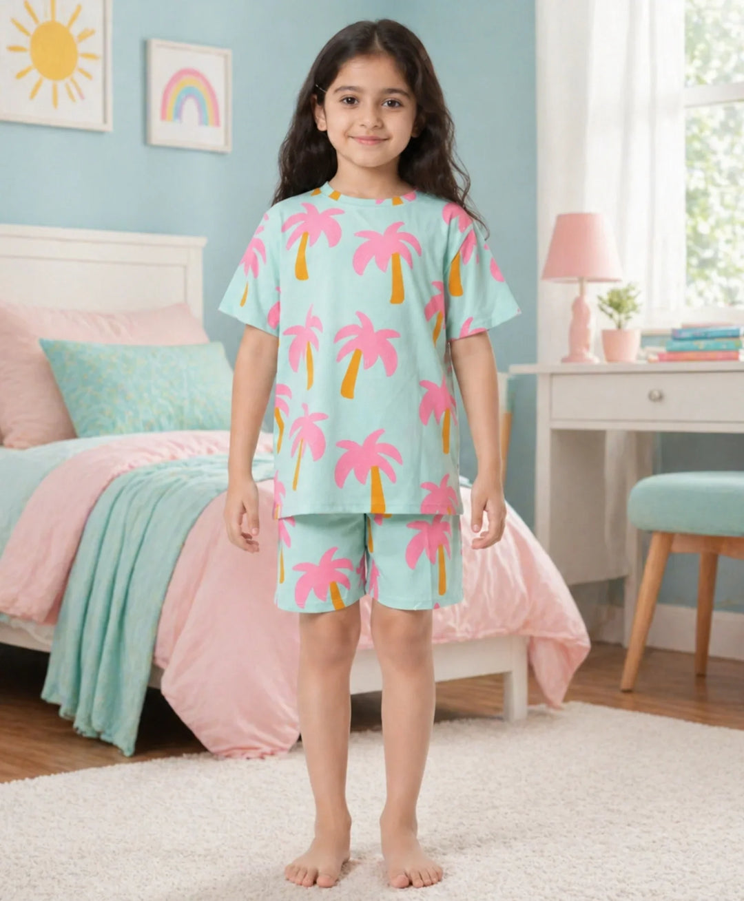 Palm Tree Girls Sleepwear Short Set - Aqua