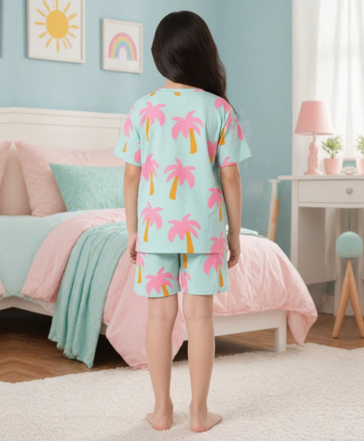 Palm Tree Girls Sleepwear Short Set - Aqua