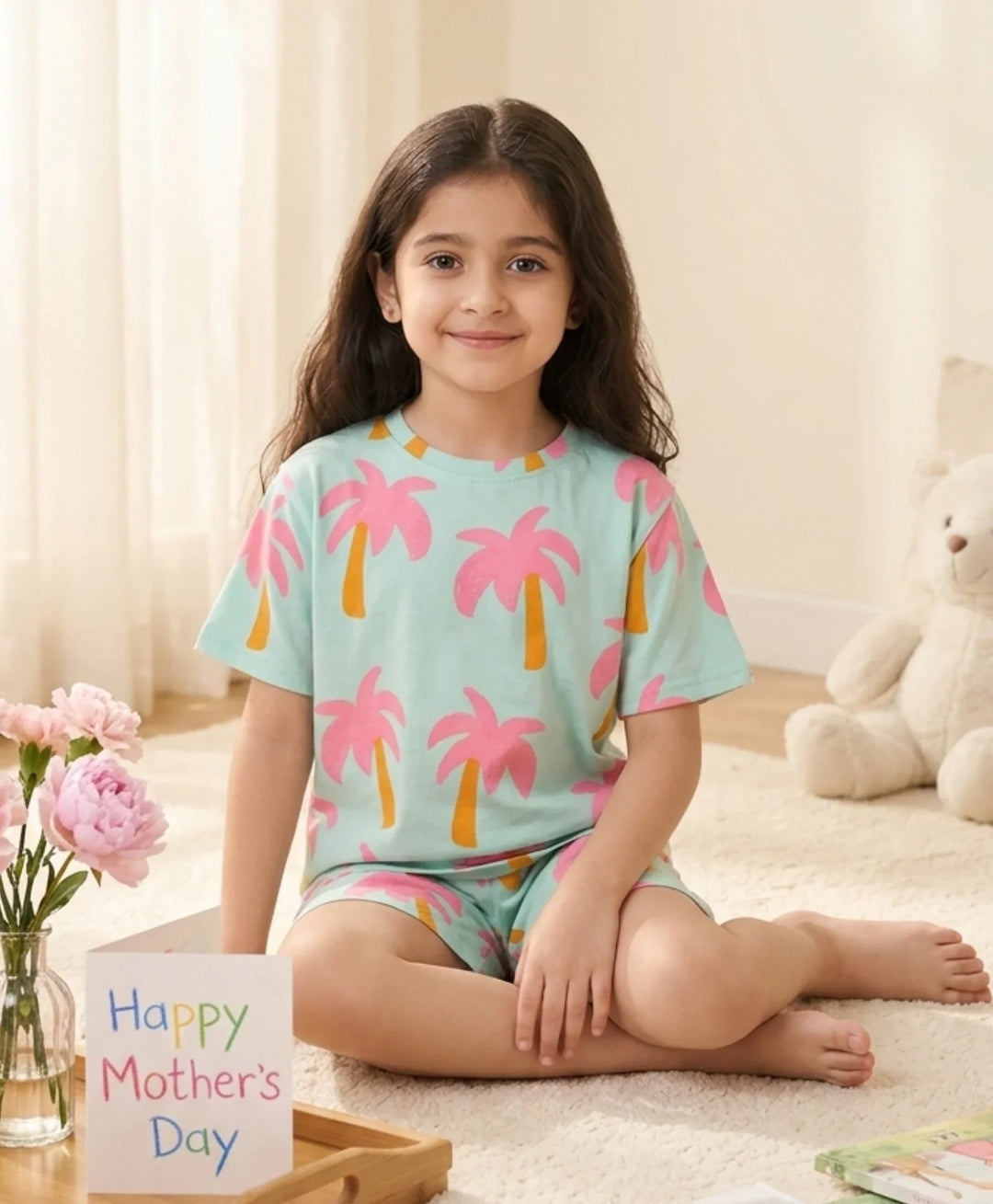Palm Tree Girls Sleepwear Short Set - Aqua