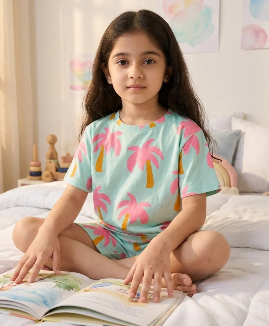 Palm Tree Girls Sleepwear Short Set - Aqua