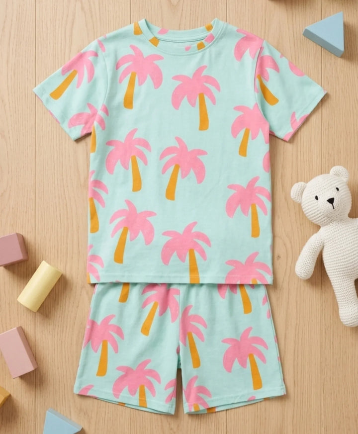 Palm Tree Girls Sleepwear Short Set - Aqua