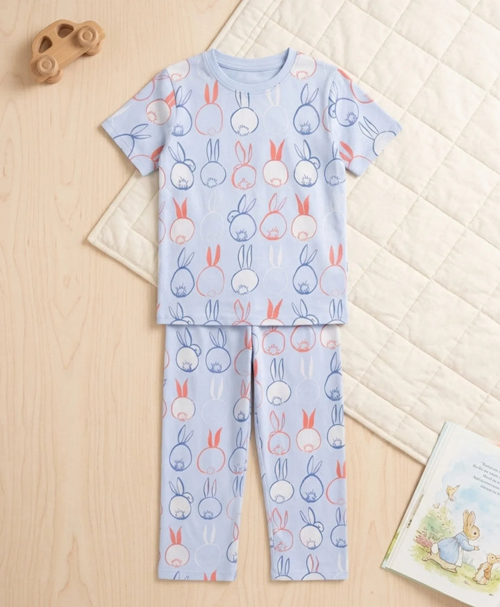 Rabbit Print Short Sleeve Pyjama Set - Blue