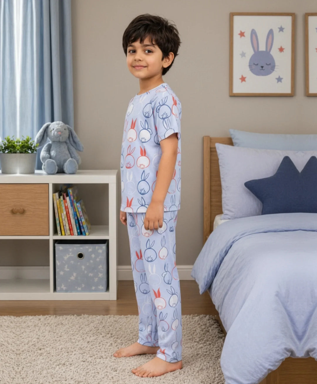 Rabbit Print Short Sleeve Pyjama Set - Blue