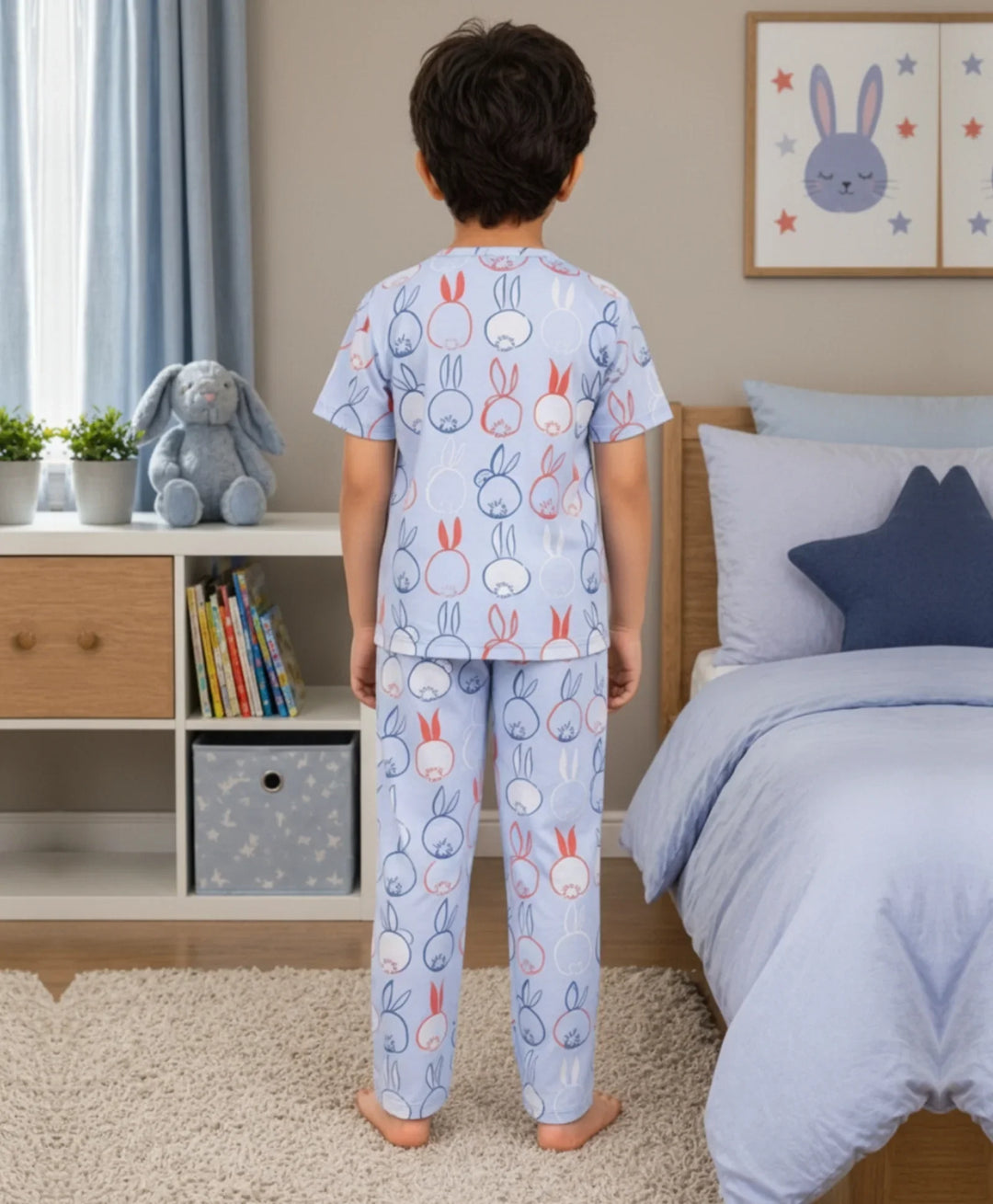 Rabbit Print Short Sleeve Pyjama Set - Blue