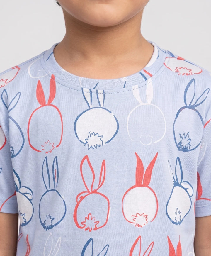 Rabbit Print Short Sleeve Pyjama Set - Blue