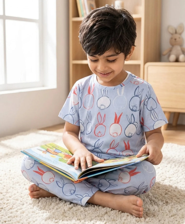 Rabbit Print Short Sleeve Pyjama Set - Blue