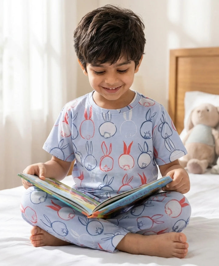 Rabbit Print Short Sleeve Pyjama Set - Blue
