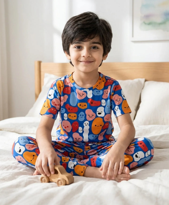 Happy Blobs Short Sleeve Pyjama Set - Blue