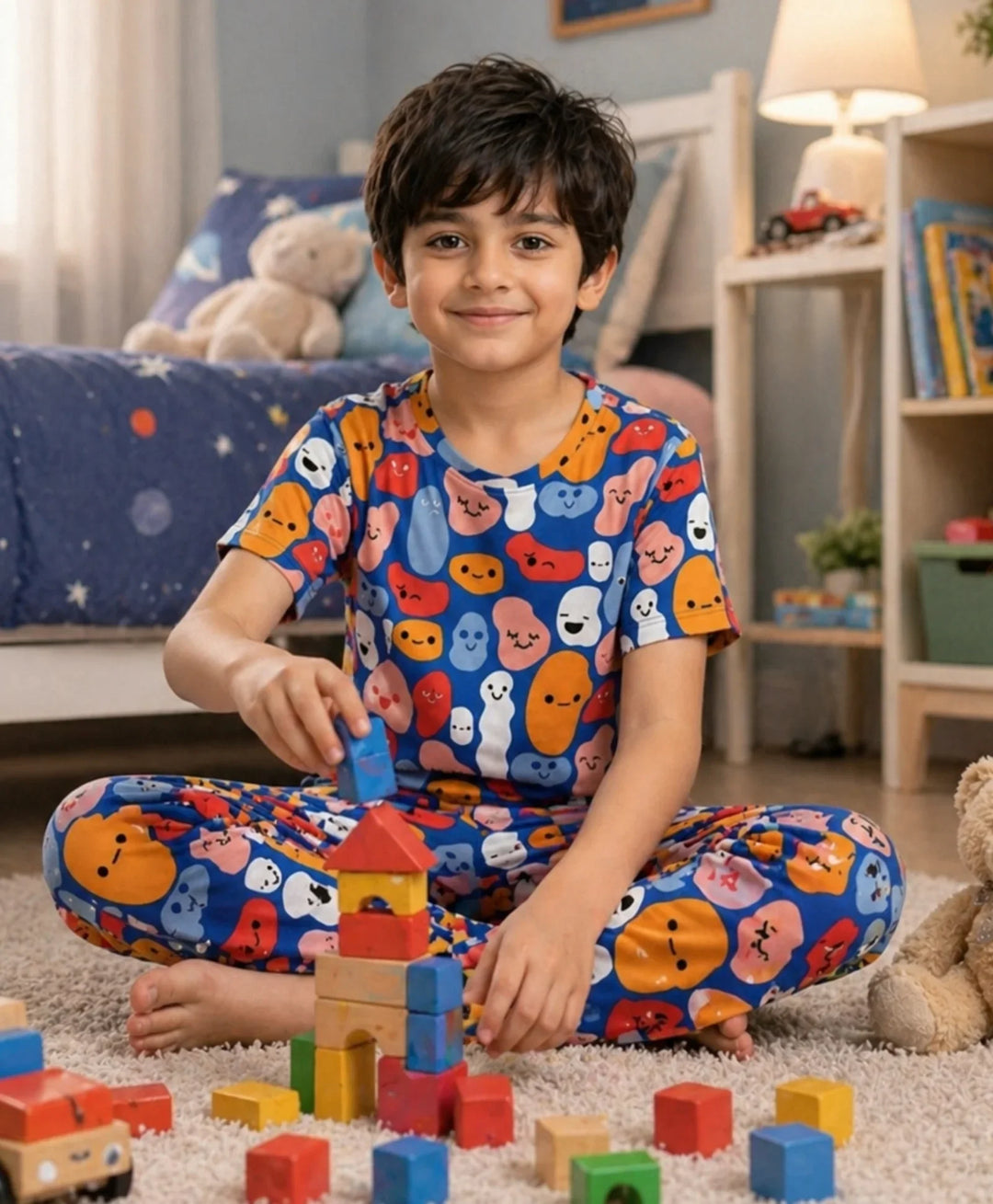 Happy Blobs Short Sleeve Pyjama Set - Blue