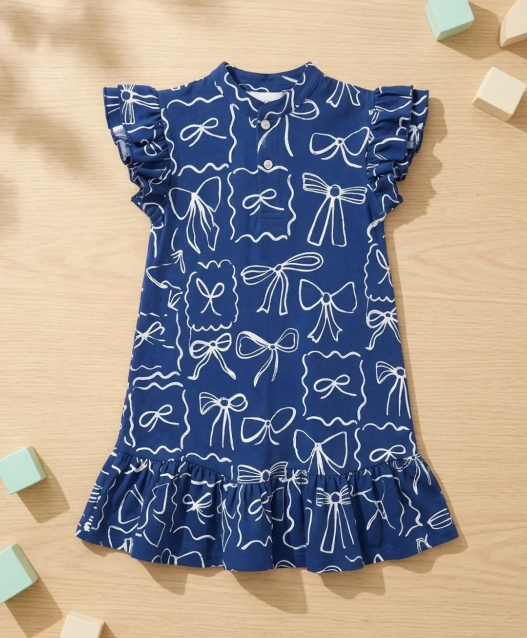 Blue Bow Girls Frill Dress - Blue