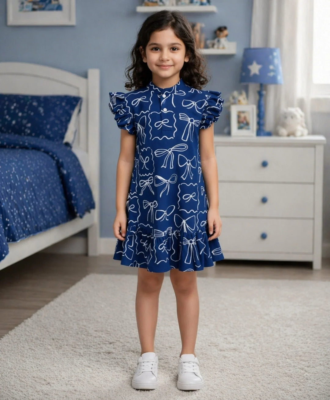 Blue Bow Girls Frill Dress - Blue