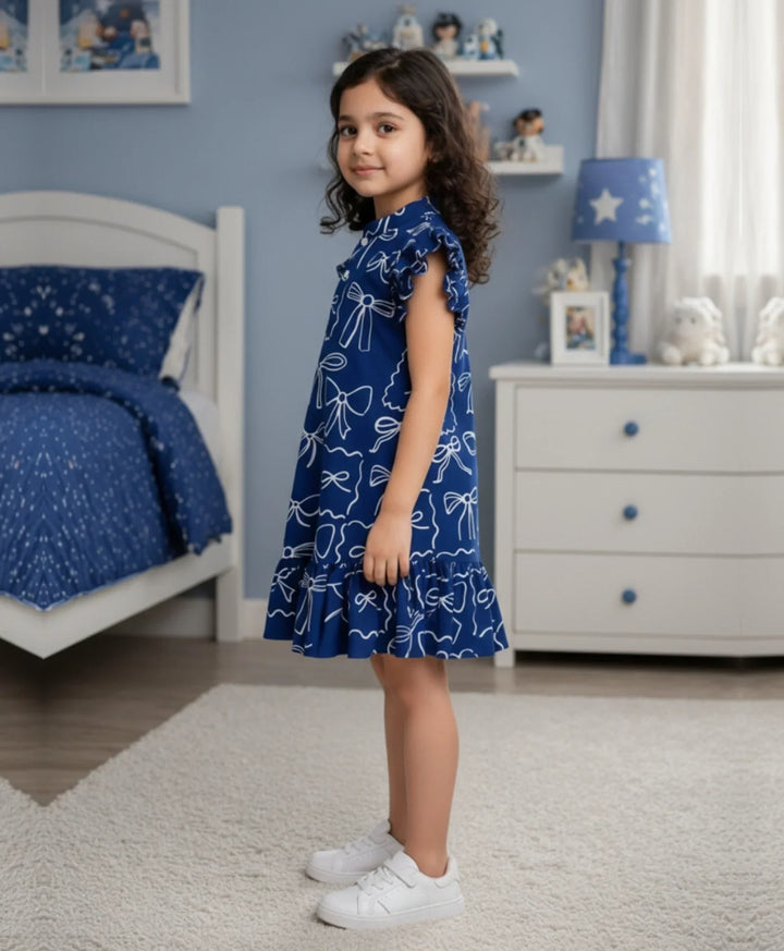 Blue Bow Girls Frill Dress - Blue